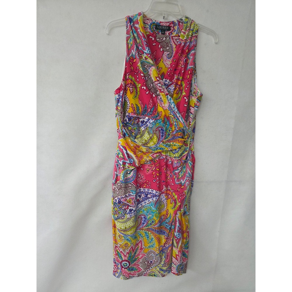 Lauren Ralph Lauren Pink Paisley Sleeveless Faux Wrap Sheath Dress 12 Stretch
